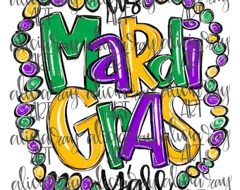 May include: Mardi Gras themed graphic with the words "Mardi Gras" in green, yellow, and purple lettering surrounded by a string of green, yellow, and purple beads.