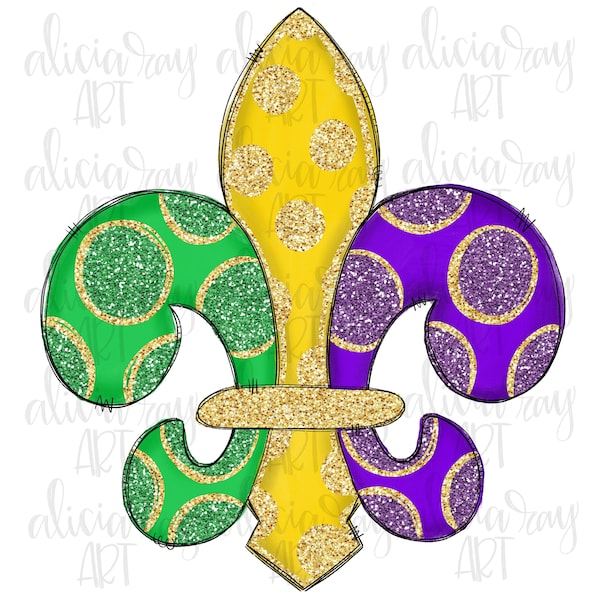 Mardi Gras Sublimation PNG Design | Handgetekende | Digitale download | Afdrukbare art |  Happy Mardi Gras | Fleur de Lis | Schitteren