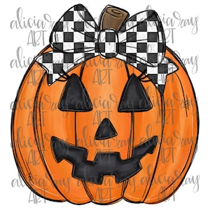 May include: Orange pumpkin with a black and white checkered bow. The pumpkin has a carved jack-o'-lantern face with black eyes, nose, and mouth.