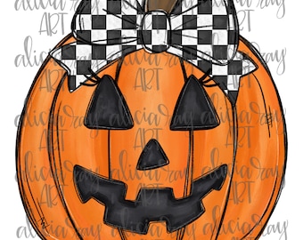May include: Orange pumpkin with a black and white checkered bow. The pumpkin has a carved jack-o'-lantern face with black eyes, nose, and mouth.