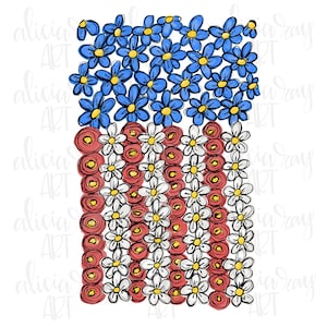 May include: A digital illustration of an American flag made of flowers. The top stripe is blue with white flowers, the middle stripe is red with white flowers, and the bottom stripe is red with white flowers.