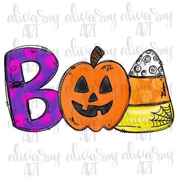 Boo Doodle Letters Sublimation PNG Design | Hand Drawn | Happy Halloween | Digital Download | Whimsical Hand painted candy corn pumpkin