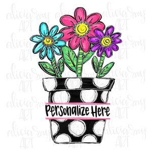 May include: A black and white polka dot flower pot with a pink stripe and the text "Personalize Here". Three flowers are growing out of the pot: a pink flower, a blue flower, and a purple flower.