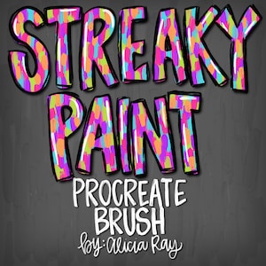 Może przedstawiać: Pędzel Procreate Streaky Paint autorstwa Alicii Ray. Kolorowy pędzel cyfrowy do aplikacji Procreate z efektem rozmazanej farby.