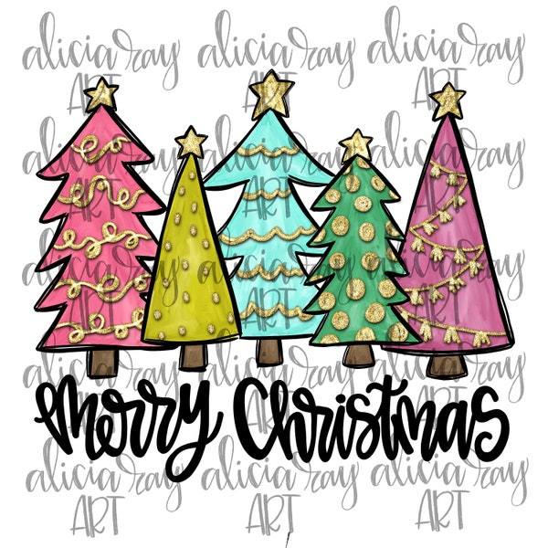 Christmas Sublimation Design Digital Download | Hand Drawn Printable Art | Hand Painted PNG File | Whimsical Colorful Pink Christmas Trees