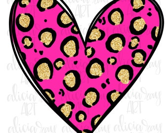 Valentine PNG Design | Handgetekende | Digitale download | Afdrukbare art | Valentijnsdag | Glitter | Harten | Cheetah | Luipaard | Sublimatie