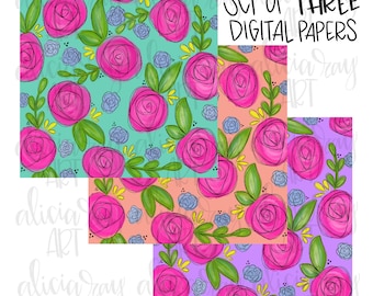 Papel digital floral Diseño PNG / Pintado a mano / Papel de álbum de recortes / Descarga digital / Fondo floral / Relleno de letras garabateadas