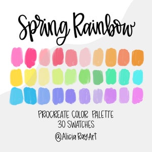 May include: A digital color palette for Procreate with 30 swatches in a spring rainbow color scheme. The colors range from pink to yellow to green to blue to purple. The palette is labeled "Spring Rainbow" and "Procreate Color Palette 30 Swatches" and includes the artist's social media handle, "@Alicia RayArt".