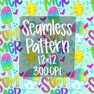 May include: A seamless pattern featuring a blue background with colorful summer-themed elements, including popsicles, ice cream cones, suns, hearts, and the words "Summer" and "Seamless Pattern 12x12 300 DPI".