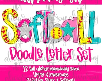 Softball Hand Drawn Doodle Letter Alpha Set Digital Download | A-Z doodle letters | Sport Alphabet