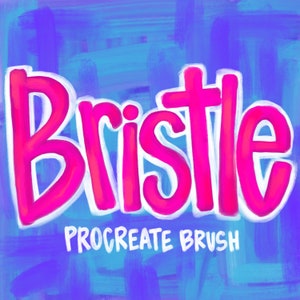 Può includere: Un font Procreate "Bristle" rosa e bianco su uno sfondo blu e viola.