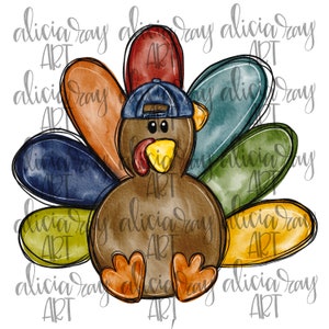 May include: A watercolor illustration of a Thanksgiving turkey wearing a blue baseball cap. The turkey has a brown body, yellow beak, and red wattle. The turkey's tail feathers are painted in shades of green, blue, yellow, and orange.
