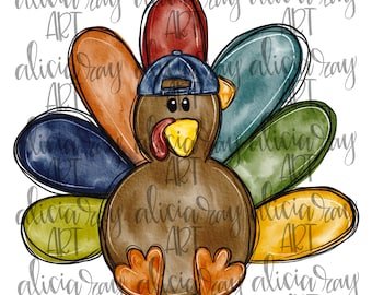 May include: A watercolor illustration of a Thanksgiving turkey wearing a blue baseball cap. The turkey has a brown body, yellow beak, and red wattle. The turkey's tail feathers are painted in shades of green, blue, yellow, and orange.
