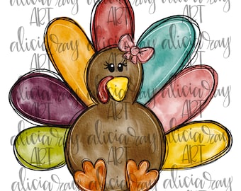 May include: A watercolor illustration of a brown turkey with a pink bow. The turkey has a yellow beak and a yellow wattle. The turkey's feathers are painted in shades of red, orange, yellow, green, blue, and purple.