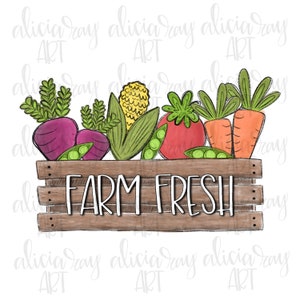以下が含まれることがあります： 前面に「FARM FRESH」と描かれた木製の箱。箱には、ニンジン、トウモロコシ、エンドウ豆、ビーツなど、さまざまな野菜が入っています。