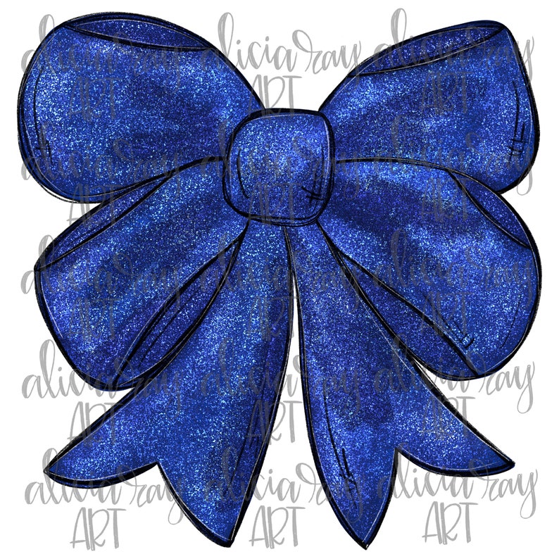 May include: A large blue glitter bow with a black outline. The bow is tied in a knot in the center and the ends of the bow are curled.