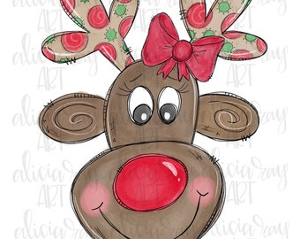 Reindeer Sublimation PNG Design | Hand Drawn | Christmas | Digital Download | Digital Art | Christmas | Red Nose | Girl | Bow