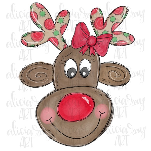 Reindeer Sublimation PNG Design | Hand Drawn | Christmas | Digital Download | Digital Art | Christmas | Red Nose | Girl | Bow