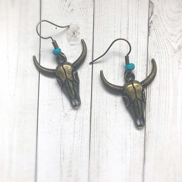 Cow Skull Earrings, Southwestern Boho Earrings, Navajo Jewelry, Bull Skull Earrings