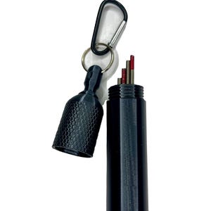 May include: A black keychain with a small, cylindrical container that holds a set of small, red-tipped tools. The container has a textured surface and a silver carabiner clip.
