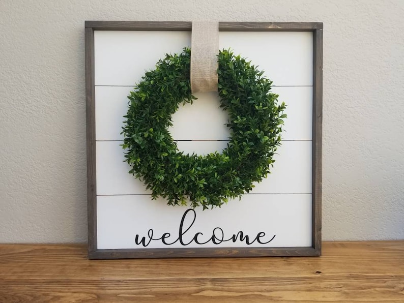 Wood Sign Welcome Boxwood Wreath Shiplap Custom Rustic Home | Etsy