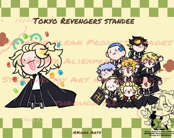 May include: A Tokyo Revengers standee featuring a large chibi character with blonde hair and a black cape, surrounded by colorful jelly beans. To the right, a group of smaller chibi characters in black uniforms are depicted with various expressions.