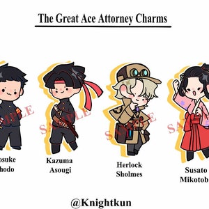 May include: Four cartoon character charms featuring the characters from the Great Ace Attorney series. The characters are Ryunosuke Naruhodo, Kazuma Asougi, Herlock Sholmes, and Susato Mikotoba.