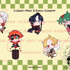 May include: A collection of six D.Gray-Man 2.5 inch charms featuring stylized chibi characters with various accessories and expressions. The characters are arranged on a light yellow background with a green and white checkered border.