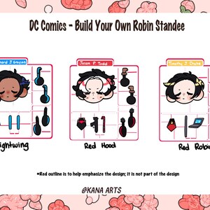 May include: A graphic featuring three DC Comics Robin characters: Nightwing, Red Hood, and Red Robin. Each character has a set of accessories. The text "DC Comics - Build Your Own Robin Standee" is at the top. The artist's name is at the bottom.