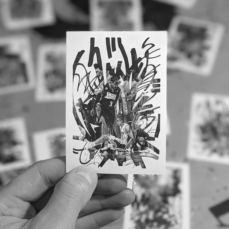 May include: Black and white illustration of basketball players on a court. The players are wearing jerseys with the word "SIKERS" on them. The illustration is surrounded by black and white abstract lines.