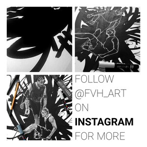 May include: Black and white illustration of two basketball players on a black background with white lines. The image includes the text "FOLLOW @FVH_ART ON INSTAGRAM FOR MORE".