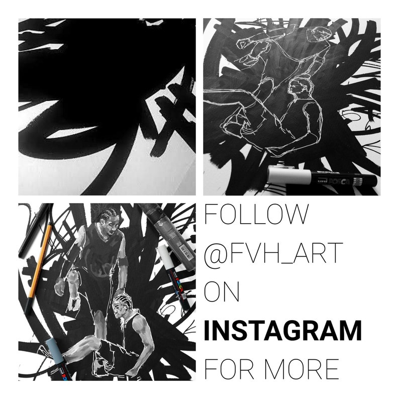 May include: Black and white illustration of two basketball players on a black background with white lines. The image includes the text "FOLLOW @FVH_ART ON INSTAGRAM FOR MORE".