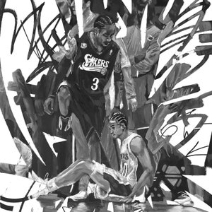 May include: Black and white illustration of two basketball players. One player is wearing a jersey with the word "Sixers" and the number "3" on it. The other player is wearing a jersey with the word "Sixers" on it. The players are in a dynamic pose, suggesting a moment of action on the court.
