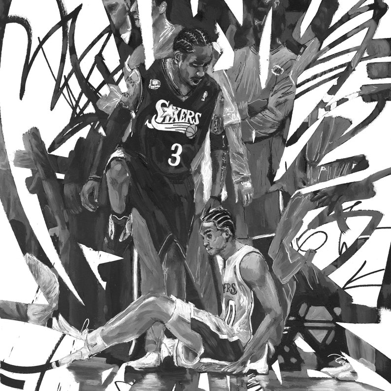 May include: Black and white illustration of two basketball players. One player is wearing a jersey with the word "Sixers" and the number "3" on it. The other player is wearing a jersey with the word "Sixers" on it. The players are in a dynamic pose, suggesting a moment of action on the court.