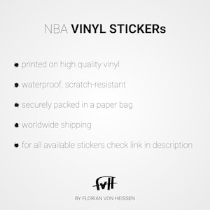 May include: NBA vinyl stickers printed on high quality vinyl. They are waterproof, scratch-resistant, and securely packed in a paper bag. Worldwide shipping is available. For all available stickers, check the link in the description.