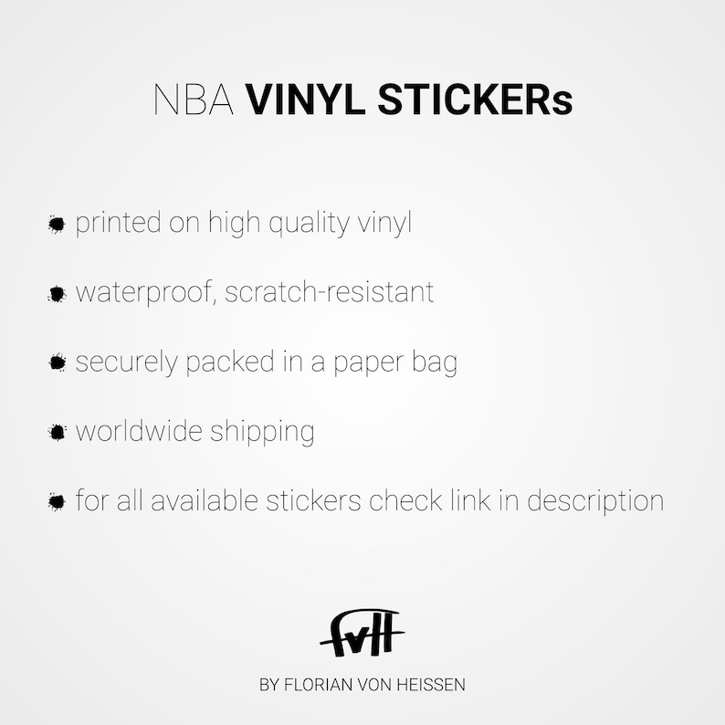 May include: NBA vinyl stickers printed on high quality vinyl. They are waterproof, scratch-resistant, and securely packed in a paper bag. Worldwide shipping is available. For all available stickers, check the link in the description.
