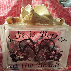 Life is Better at the BEACH flip flops & shells glass block light nightlight lamp
