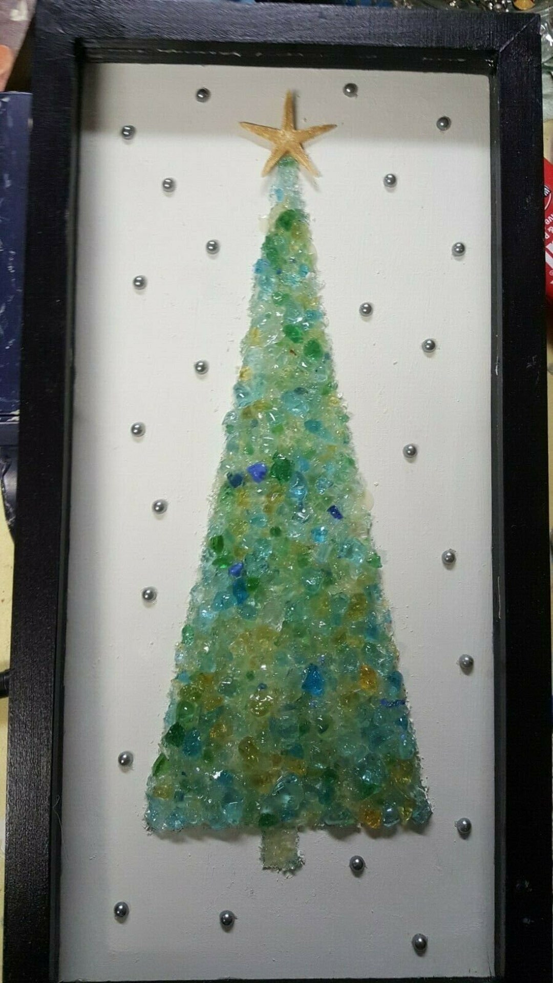 Handcrafted Crushed Glass Shadow Box Framed Christmas Tree Beautiful