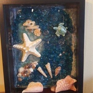 Hand Crafted Crushed Glass Wave & Shell Shadowbox wall hanging, beach art