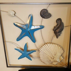 Metal Beach Wall Art Decor Starfish Shells, metal frame, 20 in. square