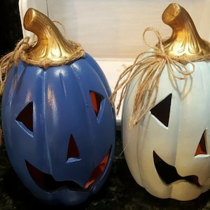 Pair of Hand Painted Pumpkins Ocean Blue & Lt. Blue w/ Gold Stems, Nautical