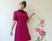 Vintage 39 60s mod mini dress, burgundy with black lace, size UK 8-10