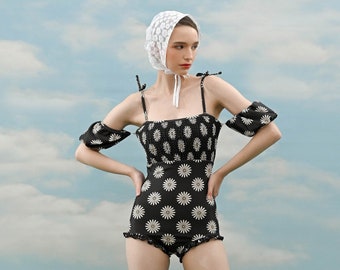 Vintage Swimsuit, One Piece Swimsuit, 1960s Swimsuit, Black Swimsuit with Daisy Floral Prints & Smocking Details, Retro Swimsuit
