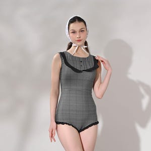 Vintage Swimsuit, One Piece Swimsuit, 1950s Swimsuit, Gingham Swimsuit Black and White, Vintage Bathing Suit, Retro Swimsuit