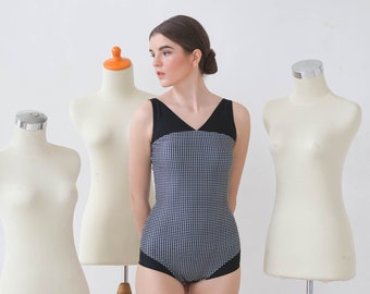 Vintage Swimsuit, One Piece Swimsuit, 1950s Swimsuit, Gingham Swimsuit Black and White, Vintage Bathing Suit, Retro Swimsuit