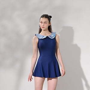 Vintage Swimsuit, One Piece Swimsuit, 1960s Swimsuit, White Swim dress with Whale Peter pan collar Details, Retro Swimsuit