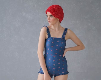 Vintage Swimsuit, One Piece Swimsuit, 1950s Swimsuit, Cherry Red Pattern Swimsuit with Ruffles Details, Vintage Bathing Suit, Retro Swimsuit