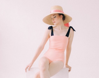 Vintage Swimsuit, One Piece Swimsuit, 1950s Swimsuit, Pastel Pink Swimsuit with Black Ribbon, Vintage Bathing Suit, Retro Swimsuit