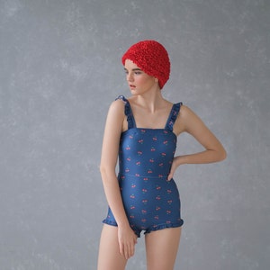 Vintage Swimsuit, One Piece Swimsuit, 1950s Swimsuit, Cherry Red Pattern Swimsuit with Ruffles Details, Vintage Bathing Suit, Retro Swimsuit