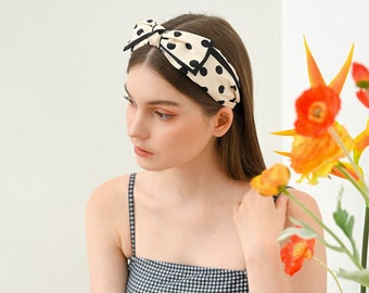 Polka dot silk head, Vintage Silk Headband, White Headpiece, Summer Headband